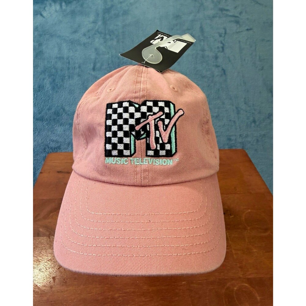MTV Pink dad Adjustable Strapback Baseball Cap Hat One Size 90s Retro Logo NWT